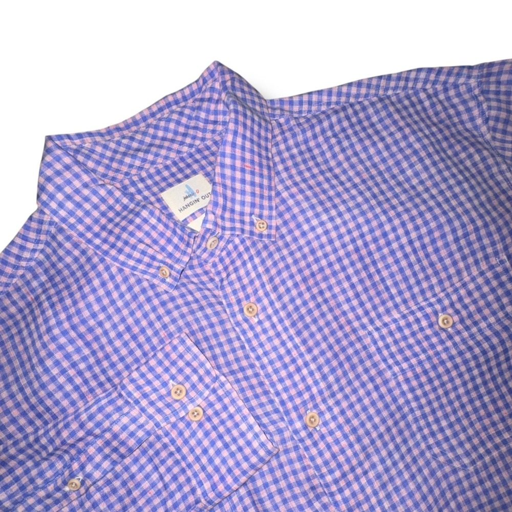 Johnnie-O Hangin‎ Out Button Down Mens XL Purple Haze Gingham 100% Linen Shirt